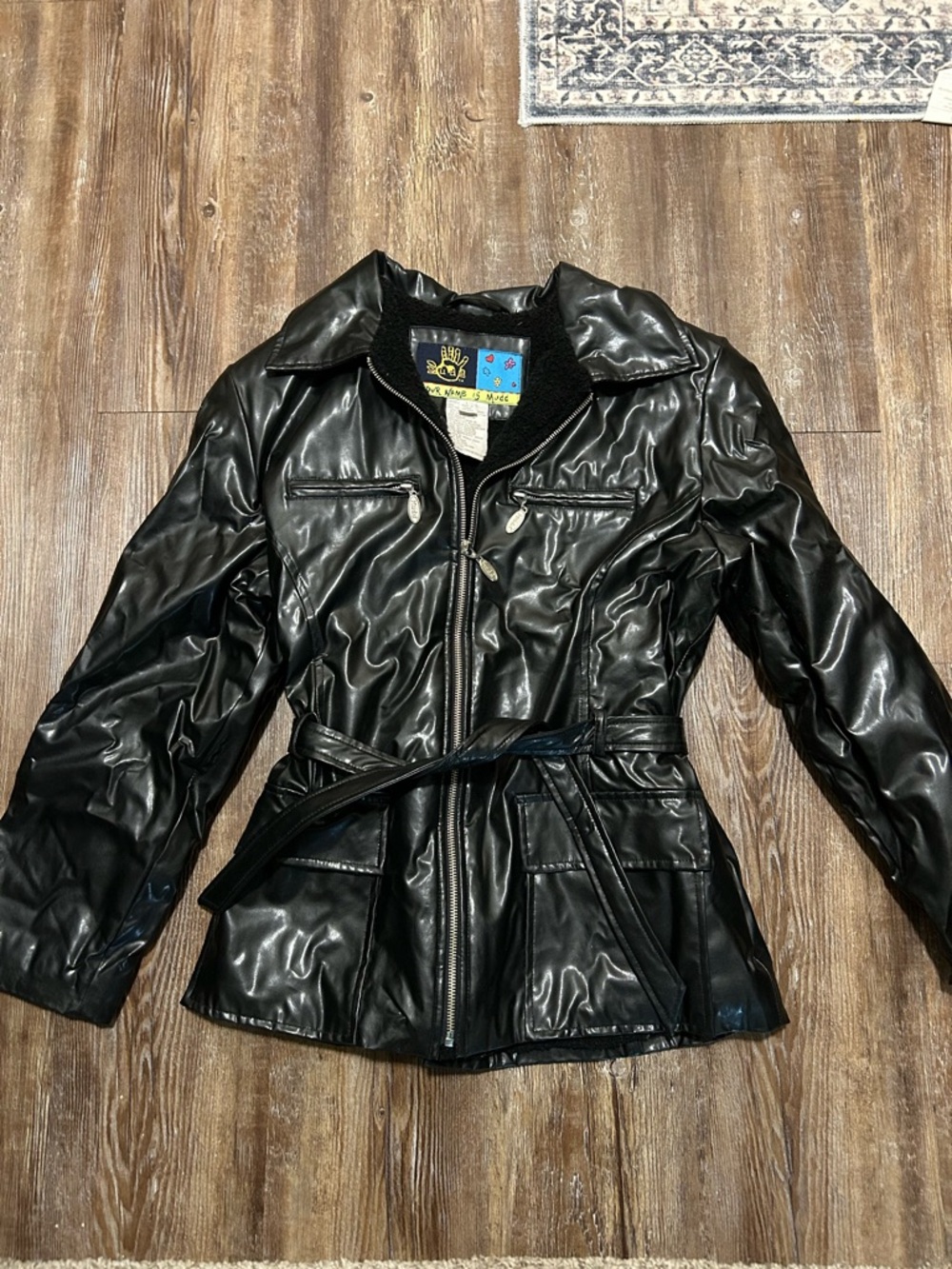 Vintage Y2K Mudd Black Belted Fleece Lined Faux Leather Jacket size L